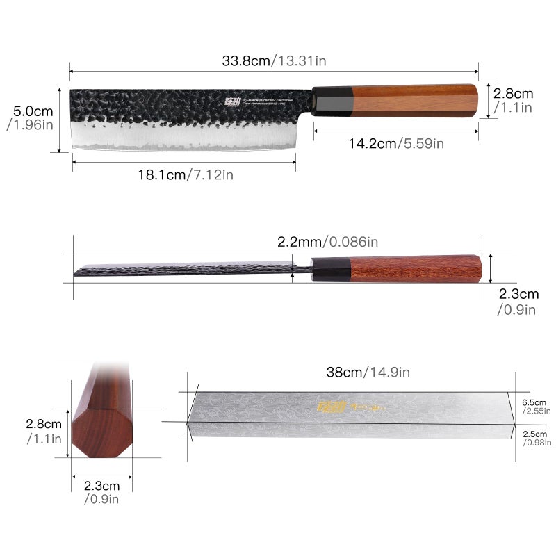 FINDKING Dynasty Series Japanese Nakiri Knife, Professional Vegetable Cleaver, 9Cr18MoV High Carbon Steel Blade, African Rosewood Octagonal Handle, for Shred, Slicing, Mincing, 7 Inches - Image 4